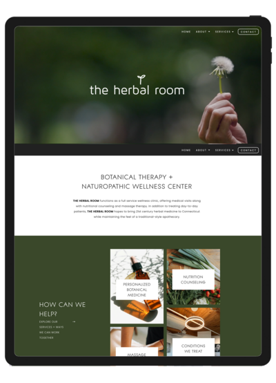 Screenshot of the The Herbal Room homepage newly designed After Photo, featuring a clean, minimal design with soft colors, inviting typography, and a clear navigation menu.