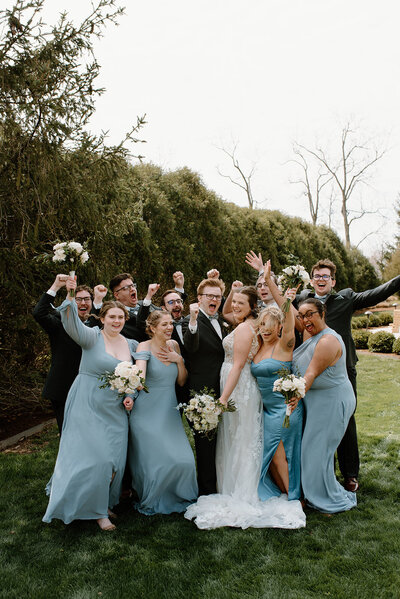 wedding party in timeless blue color palette