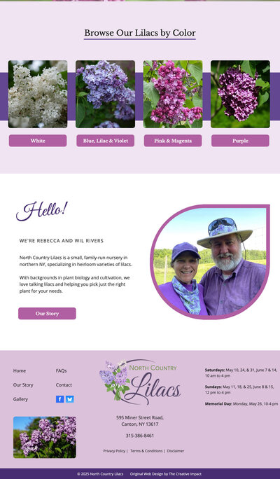 North Country Lilacs home page screen shot of lower half of home page with a Browse our lilacs by color section, intro of farmers and  the footer with navigation