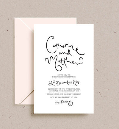 Rectangle invitation white card with black printed hand drawn calligraphy style design