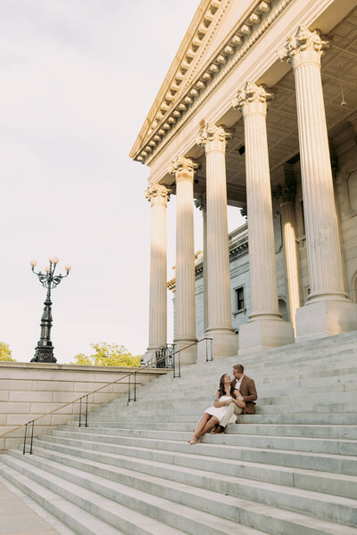 Couple rubbing noses, sharing sweet memories together at their engagement session in South Carolina 