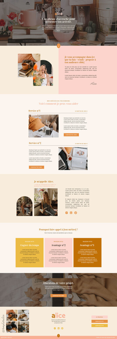 Modèle de site showit Alice. Un template d'une page à utiliser gratuitement