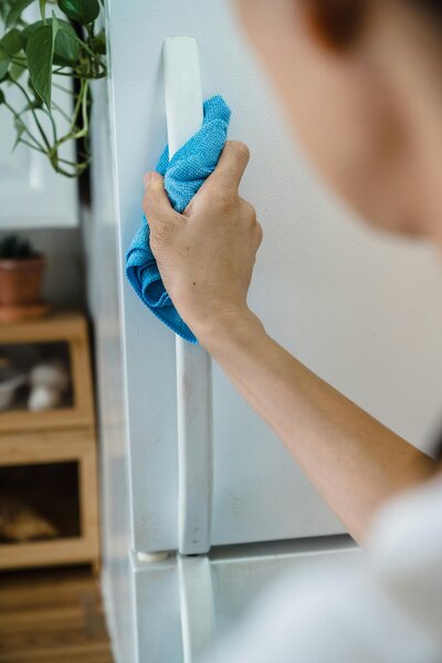 a professional house cleaner holding a cleaning towel and opening a fridge to clean it