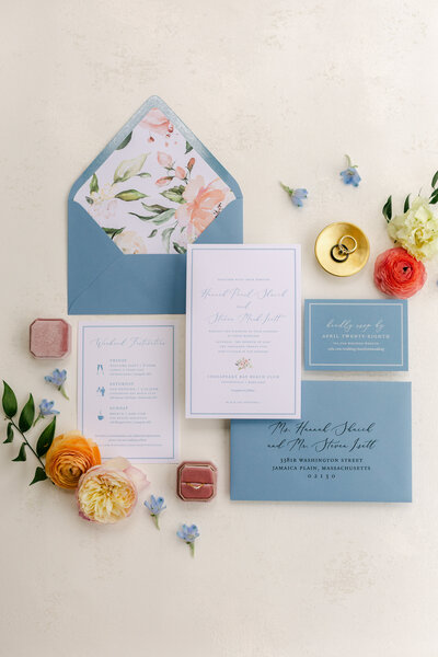dusty blue peach wedding invitation suite chesapeake bay beach club
