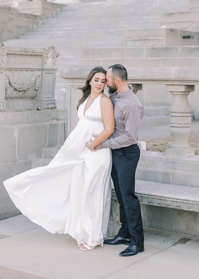 Bride and groom walk up memorial steps at their DC wedding