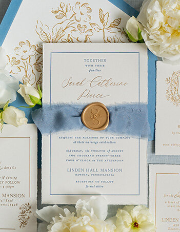 Romantic Dusty Blue and Gold Foil Wedding Invitations