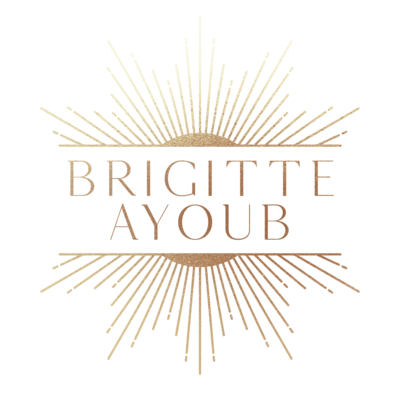 Golden sun shaped logo with the words "Brigitte Ayoub" in the middle in all caps