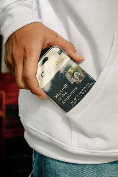 Author pulling an iphone out of their pocket with their editors website on the screen
