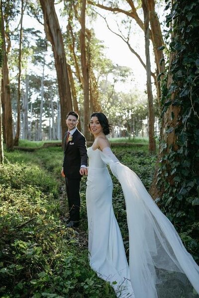 Bride and Groom walking in a park in San Francsico
