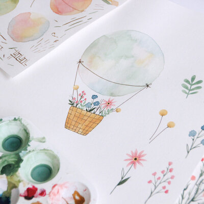 watercolor hot air balloon with flowers