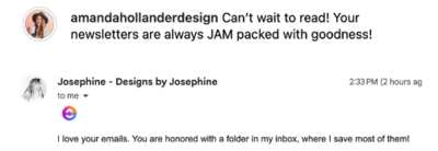 Screenshot newsletter feedback Amanda