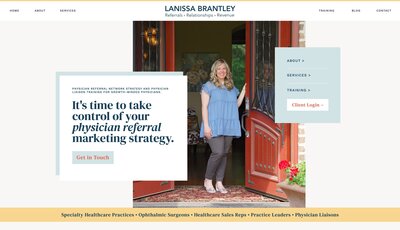 A website homepage featuring a woman standing in an open red door. Text reads, "It’s time to take control of your physician referral marketing strategy. Get in Touch." Options include About, Services, and Training. A Showit template customization for personal brands by Bayou Brand House.