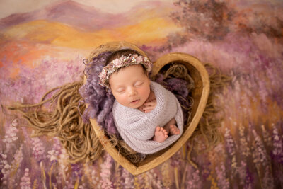 sleeping newborn swaddled in purple baby wrap in portrait studio
