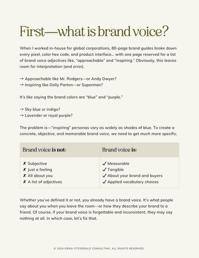Internal page of a brand voice workbook