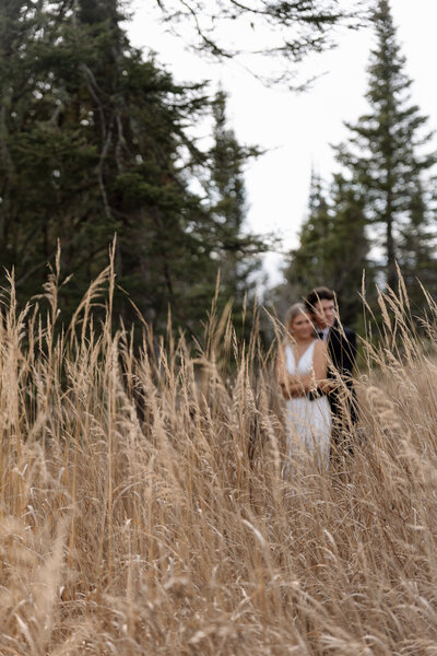 Eloping couple stands closely together, surrounded by tall golden grass.