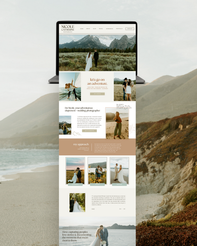 A mockup of an earthy modern and colorful website design in Showit for a wedding and elopement photographer.