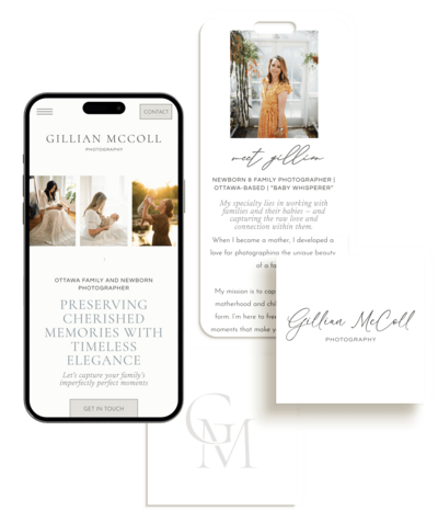 Three smartphone screens showcasing a photography portfolio and contact information for Gillian McColl, a family and newborn photographer. The screens highlight various family portraits, service details, crafted with our brand strategy consulting.