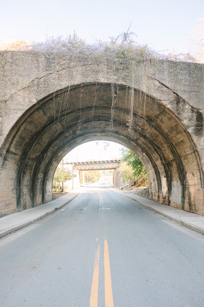 Beautiful stone bridge with greenery over road