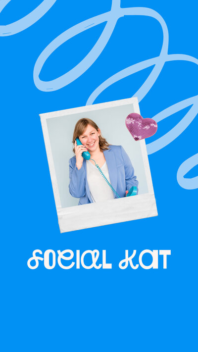 Photo of woman holding a blue corded phone in a white polaroid frame with the Social Kat logo on a blue background