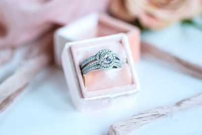 Ring shot picture with the Mrs Box and light pink ribbon