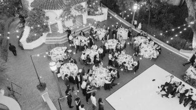 black and white photo of a destination wedding reception
