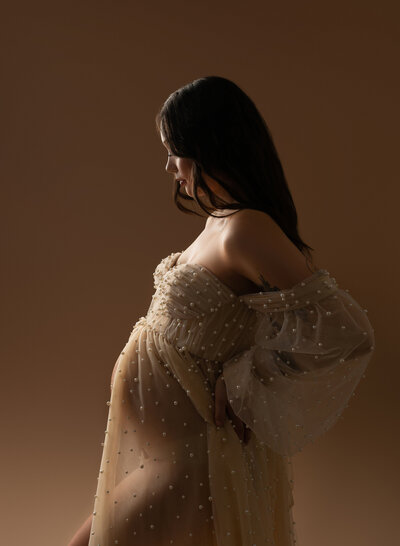 cream tulle maternity dress pearls
