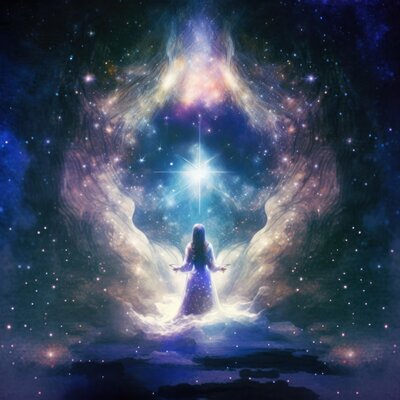 A spiritual illustration of a woman standing in a celestial space, gazing toward a glowing star within a cosmic energy field.