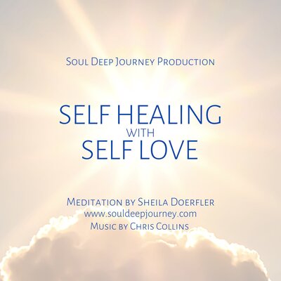 Bright sky background with text "Self Healing with Self Love"