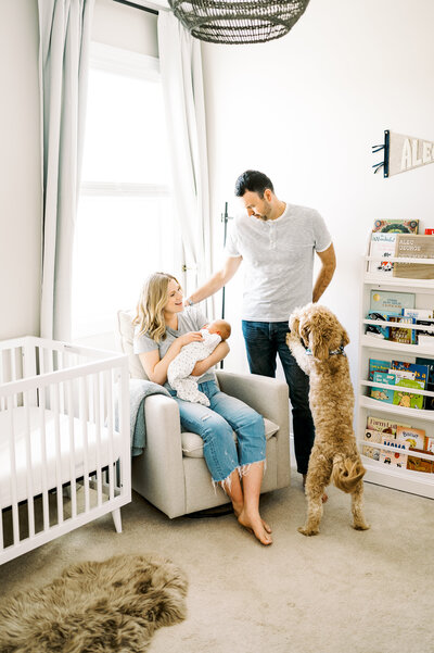 Mom holds newborn baby boy in nursery rocking chair with dad next to her and dog jumping up on his back legs