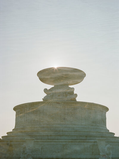 artistic film wedding photography in Detroit, double exposure of sunlit Belle Isle fountain, Northern Michigan