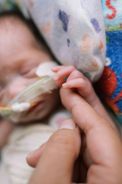 Newborn infant with tubes and NICU wires reaches with very small fingers for adult finger by Portland Family Photographer Emilie Phillipson Photography.  