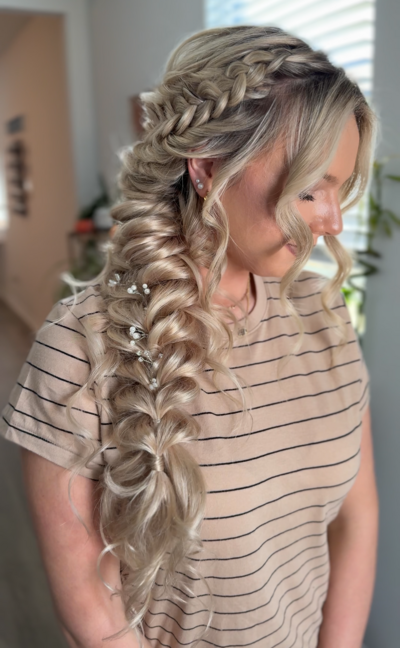 side braid bridal hair, boho braid bride hairstyle, Nashville traveling bridal hair stylist
