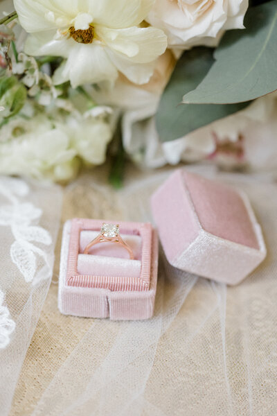detail photo of a wedding ring in it's pink ring box