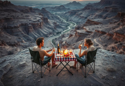 A couple enjoying a private dining experience at sunset, overlooking a stunning canyon landscape during a luxury 14-day overland Jeep expedition