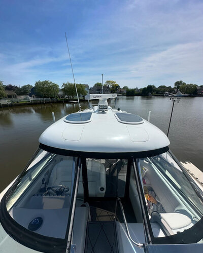 Top deck view of a yacht at the marina