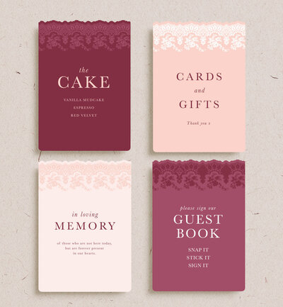4 options for small signage for your wedding, cake sign, gifts sign, guest bok sign, memory sign