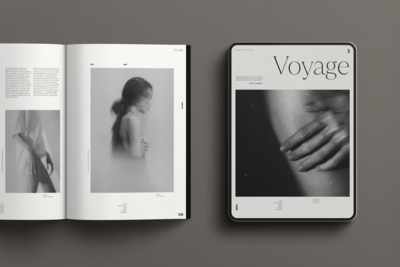 Mockup of a magazine and an ipad for Voyage Magazine