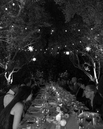 Bride and groom dance under tinsel streamers at their wedding reception