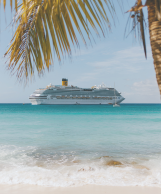 Luxury cruise ship sailing turquoise waters, framed by palm trees on a tropical beach.