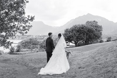 A newlywed couple holding hands and walking up a hill 