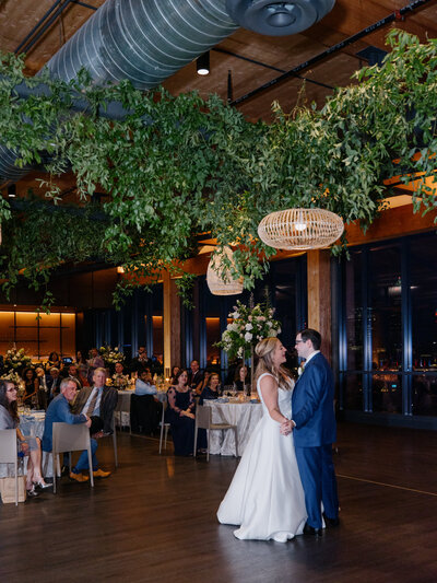 Evening reception at Truss Event Center with Cleveland views.