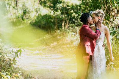 newly married couple kissing