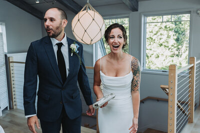 A couple smiles at their wedding in Northern California.