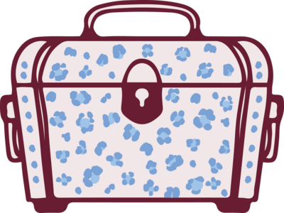Vintage trunk illustration  outlined in burgundy, blush background with blue-toned leopard spots