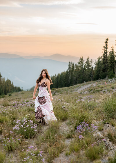 Senior portraits at timberline lodge with view of Mount Hood