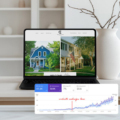 A laptop displaying a real estate Showit website focused on SEO strategies for better online visibility.