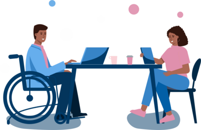 Man in wheelchair talks to woman at a table with a laptop and cups.