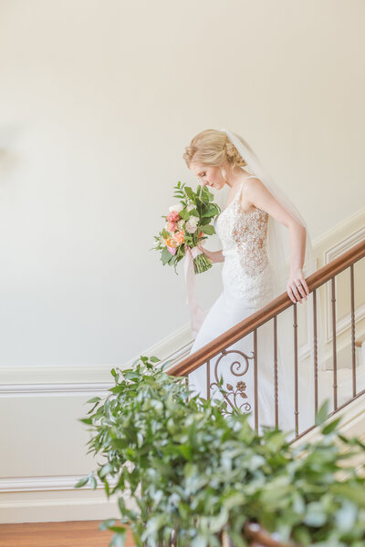 Grey Loft Studio - Bethany and Luc Barette - Wedding Photography Wedding Videography Ottawa - Houston wedding bride walking down steps holding bouquet