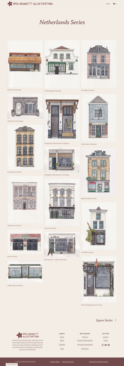 Portfolio layout showcasing custom commissions and illustration series by Amy Bennett