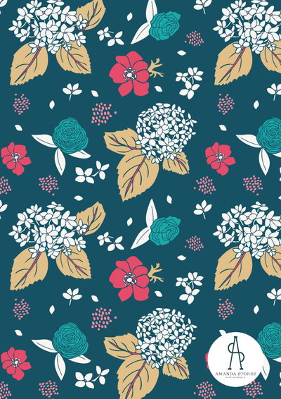 Atlanta Fabric Designer Amanda Stores- Hydrangeas floating pattern on a navy background
